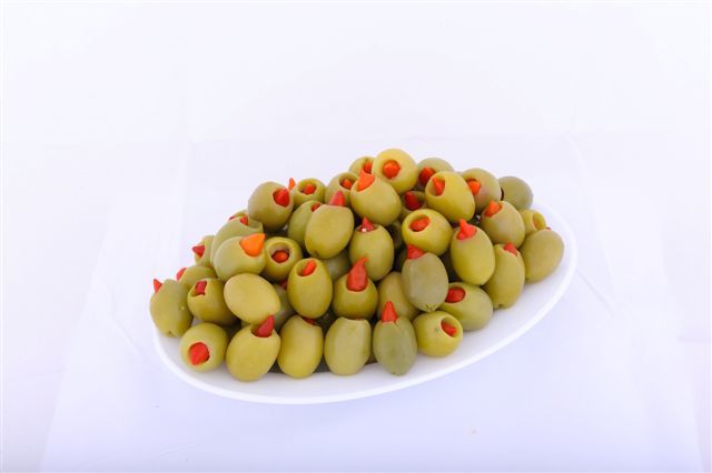 Green stuffed olives with chili pepper
