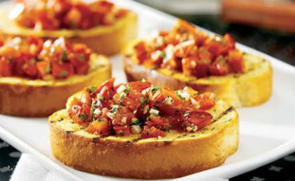 Bruschetta with feta cheese, tomato and olives